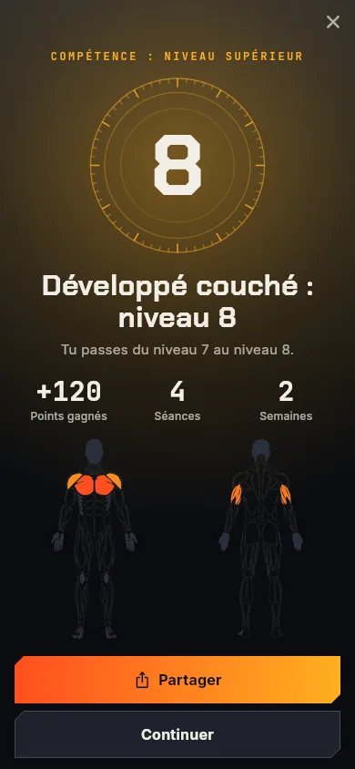Célébration du niveau 8 avec la carte du corps allumée sur les pectoraux et les épaules